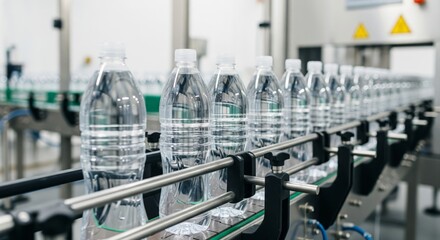 Plastic bottles on conveyor belt in modern water bottling plant