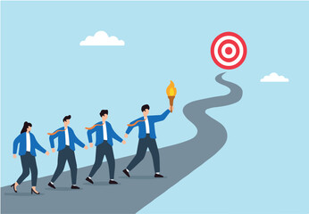 Flat illustration of business leader guiding team on winding road with torch toward strategic goal