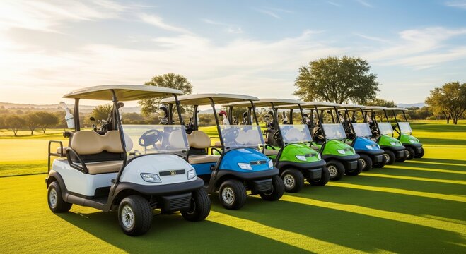 Row of multicolored golf carts on sunny golf course landscape