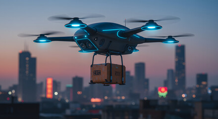 Flying Delivery Drone Carrying Box Over Urban Cityscape at Sunset
