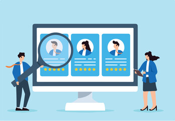 Recruiter reviewing candidate profiles through digital screen concept modern recruitment technology in hiring virtual employee evaluation online screening
