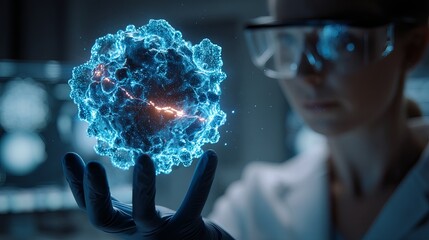 Female scientist examining a glowing molecular structure in a laboratory setting.