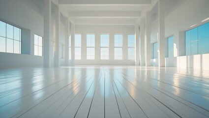 Fototapeta premium Empty spacious room with large windows and bright natural light, minimal interior, clean and modern design.