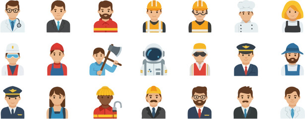 Flat lay illustration of various professionals and workers in different occupations and uniforms on a white background