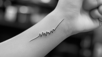 Minimalist tattoo of a heartbeat line on the wrist.