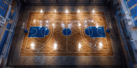 Nighttime Aerial Perspective of a Lit Indoor Basketball Court