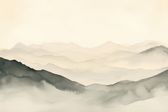 Layered mountainscape in soft, muted tones. A serene and calming vista with a focus on depth and atmospheric perspective. Nature's gentle embrace.