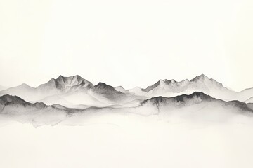 Monochrome Mountainscape: A serene depiction of layered mountains with a foggy, ethereal quality rendered in shades of gray and white.