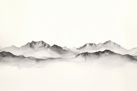 Monochrome Mountainscape: A serene depiction of layered mountains with a foggy, ethereal quality rendered in shades of gray and white.