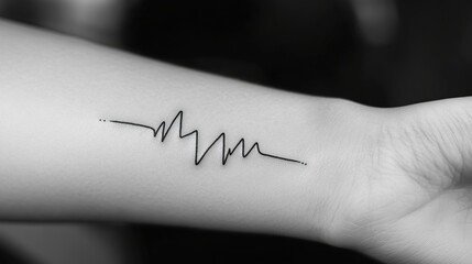 Minimalist tattoo of a heartbeat line on the wrist.
