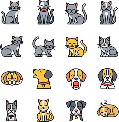Fototapeta premium Flat lay illustration of various cute cats and dogs in different poses and colors, showcasing a playful and cheerful mood against a white background. The vector icons feature clean lines