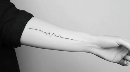 Minimalist tattoo of a heartbeat line on the wrist.