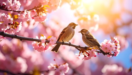 Two sparrows perched on a blooming cherry blossom branch in the golden sunlight