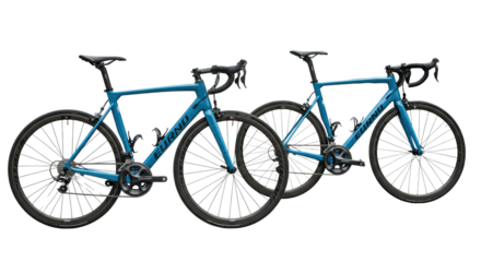 Two ultra-modern, glossy blue and black road bicycles on polished concrete plaza with subtle architecture, bright natural daylight, ample copy space, progress and new journeys concept