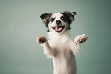 Fototapeta premium Joyful dog displays happiness in playful pose against a simple backdrop