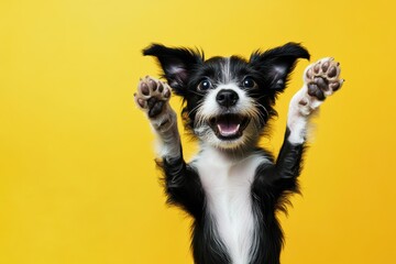 Excited dog with raised paws against a vibrant yellow background shows joy and playfulness