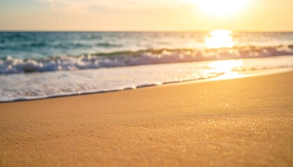Fototapeta premium Sun-kissed beach at sunset featuring golden sand meeting gentle ocean waves