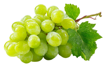 A fresh green bunch of grapes with leaves, isolated on transparent background