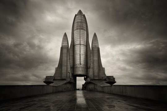Monumental Space Shuttle Buran Under a Dramatic Sky, Monochrome Image