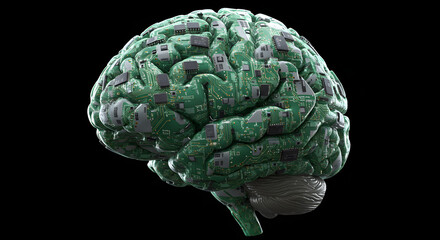 Green Circuit Board Brain Isolated on Transparent Background