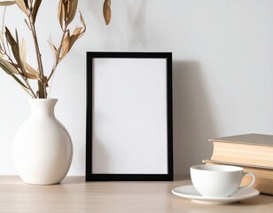 Vertical black frame mockup on a wooden desk with a vase, books, and coffee cup.