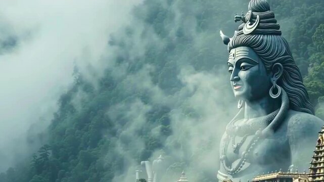 indian god, shiva statue, temple and gorgeous landscape with high mountain covered in mist