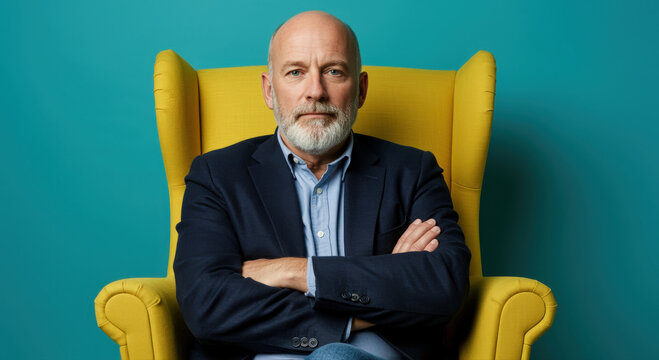 An older man with a bald head sitting on a yellow chair, with crossed arms - Powered by Adobe
