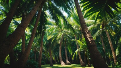Tropical forest with tall, lush palm trees and dense green foliage. A vibrant, natural environment with sunlight filtering through the leaves.