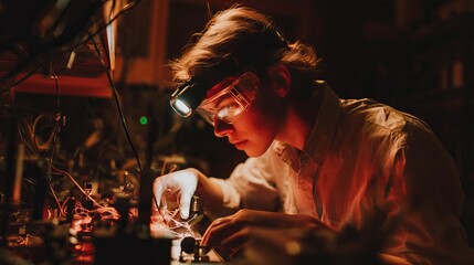 Focused young male tinkering with electronic components in a dimly lit workshop.