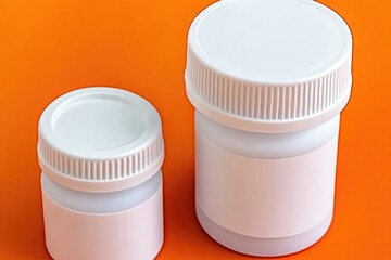 White plastic medicine bottle with white cap on orange background for pharmaceutical promotion and packaging design