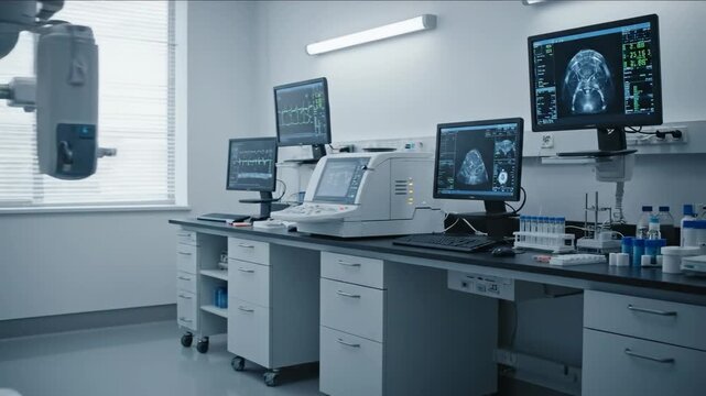 Modern Hospital Laboratory with Medical Equipment - A clean, modern hospital laboratory is shown, featuring advanced medical equipment such as monitors displaying medical video, an ultrasound