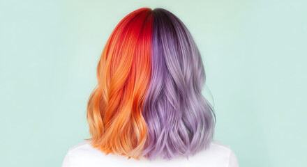Fototapeta premium Vibrant two-toned hair in shades of orange and purple with a stylish, modern color melt