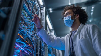 Male individual adjusting server connections in a data center, wearing a mask and lab coat.