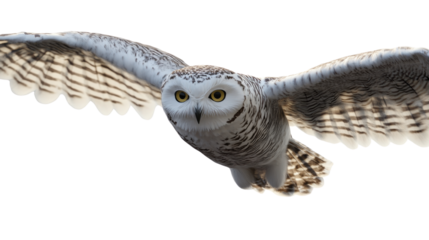 Beautiful majestic snowy owl with striking yellow eyes and white plumage isolated on white background
