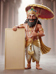 3D render of King Mahabali in traditional attire, smiling and pointing to a blank placard with a golden umbrella beside him.