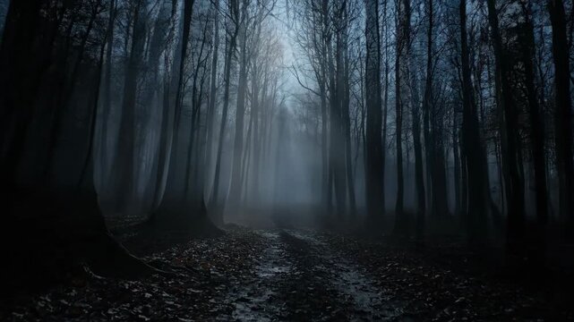 Moonlight Path Through Misty Forest - A mysterious and spooky forest path at night is illuminated by moonlight filtering through the fog and tall trees. The scene evokes a sense of mystery and wonder.