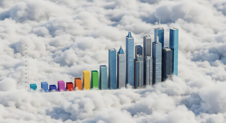 Growing Bar Chart with City Skyline Rising from Soft Clouds
