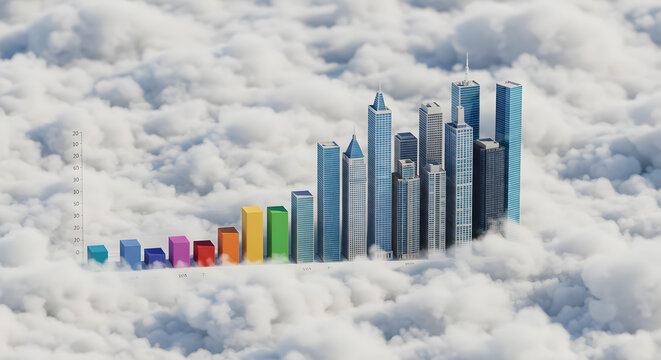 Growing Bar Chart with City Skyline Rising from Soft Clouds