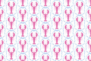 Hand drawn vintage lobster sea food seamless pattern. Marine animal background illustration with crawfish, restaurant cooking ingredient wallpaper texture print.