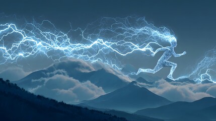 Energetic human figure made of blue electricity running powerfully over a mountain range with lightning streaks.