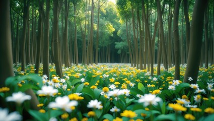 A peaceful forest scene with tall trees and a floor covered in white and yellow flowers. Nature, tranquility, and greenery. The scene of a lush woodland with blooming flowers.