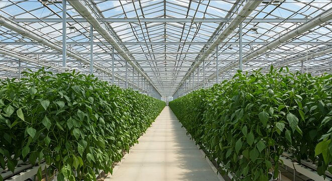 Rows of green plants grow inside a bright greenhouse with a glass roof, showcasing agricultural technology.