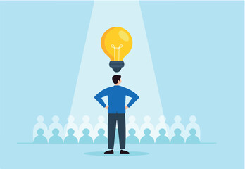 Flat illustration of businessman under spotlight with glowing lightbulb symbolizing breakthrough idea in front of audience