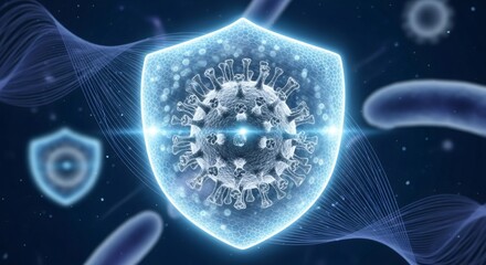 Virus particle inside a glowing shield. Concept of immunity, protection, and health against infections. Medical technology.
