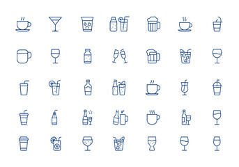 Editable icon set featuring various drinks: coffee, cocktail, alcohol, juice, mineral water, tea, cappuccino, wine, soft drink, party beverages, mugs, glasses, vector illustration, bar, celebration