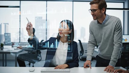 Business Professionals Analyzing Data Trends on Holographic Interface - Two business professionals collaborate in a modern office, analyzing data trends projected onto a holographic interface. - Powered by Adobe
