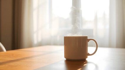 A steaming cup of coffee sits on a wooden table, illuminated by soft sunlight filtering through a window. The scene evokes a sense of warmth, tranquility, and the simple pleasures of life