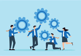 Flat illustration of business people hold cogwheel teamwork collaboration build successful organization work together to help success mission cooperation or community