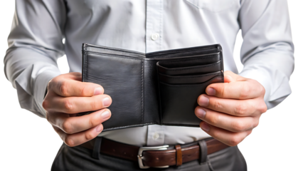 empty black wallet-in male hands isolated - on a white background PNG. GENERATIVE AI