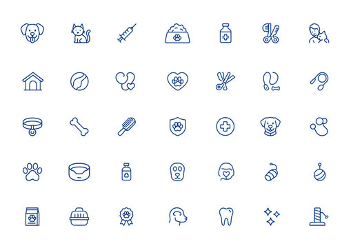 Editable pet icons set dogs and cats, including veterinary syringe, vaccine, food bowl, shampoo, first aid kit, doghouse, toy, trimming tools, health, animal care vector pictograms and more. - Powered by Adobe